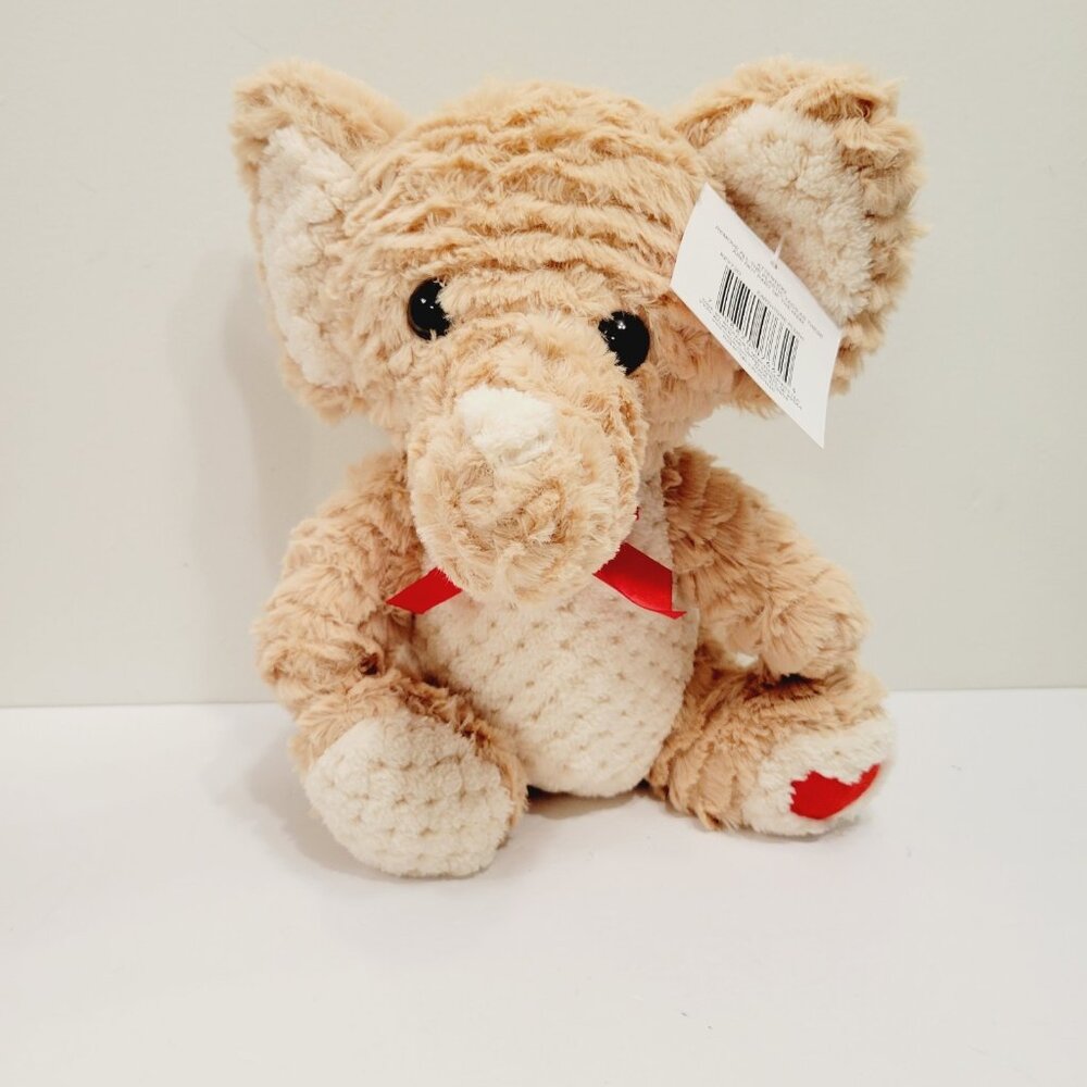 Brown Tan Cuddly Elephant Fluffy Heart Stamp Red Bow Stuffed Plush Toy
